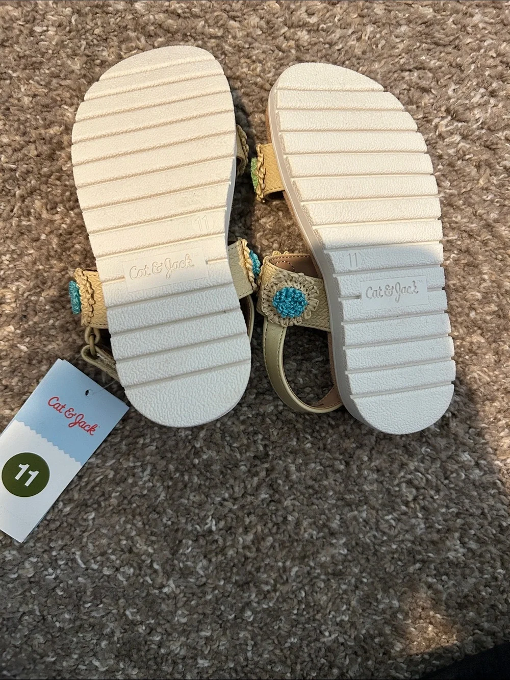 Cat & Jack Neutral Crochet Flower Sandals with Pink, Green & Blue Accents